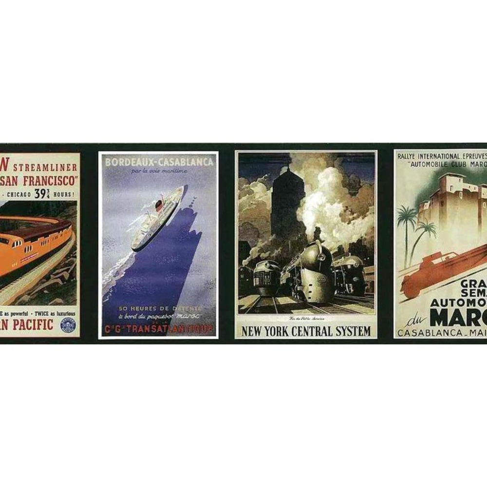 Wallquest Vintage Travel Poster Wallpaper Border Train Ship GL61450B New Sealed